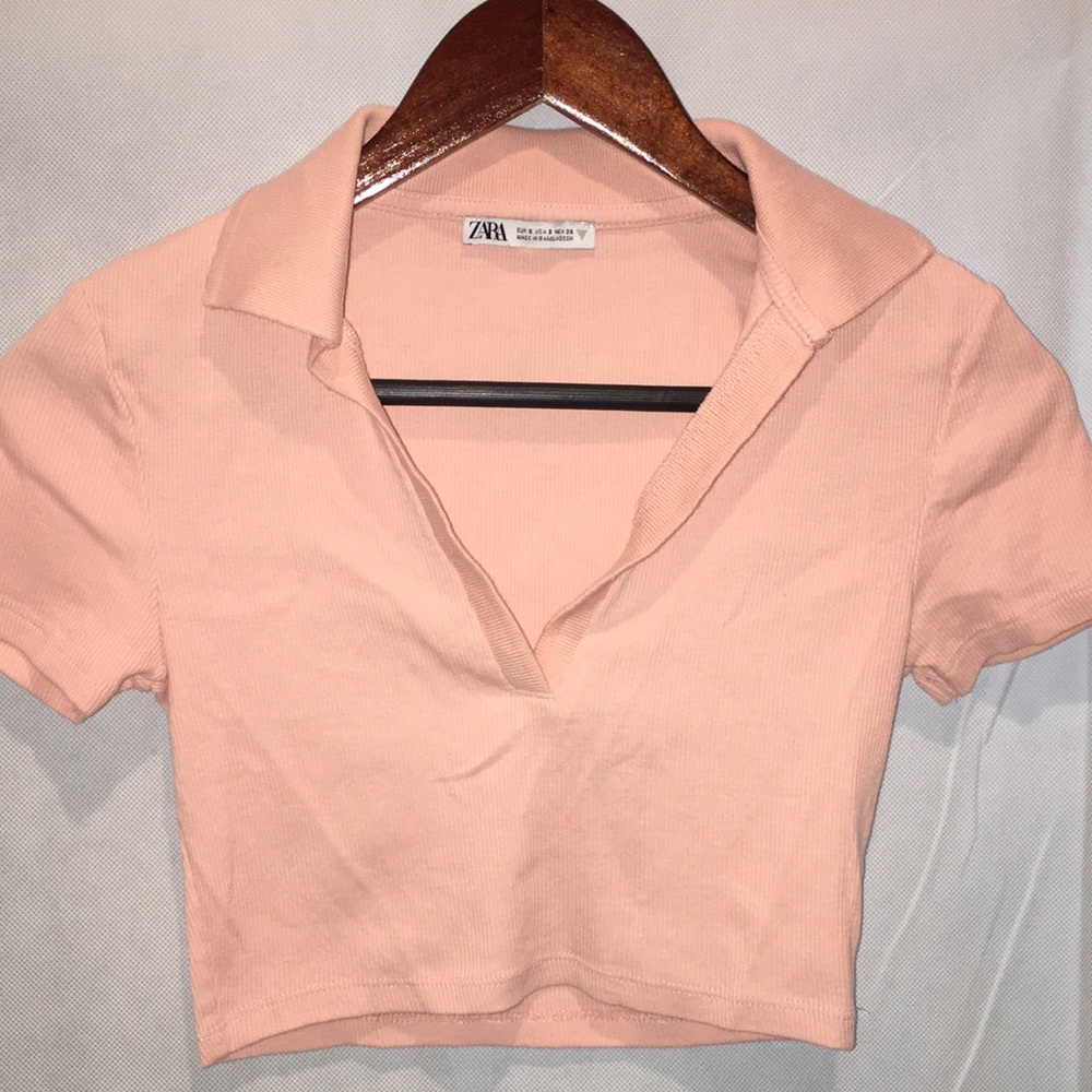 Zara Cropped V-Neck Ribber Tee Shirt Top | Blush Pink | Size S